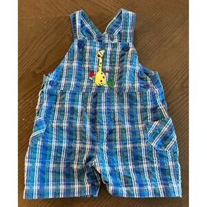 Vintage Carters 3-6M Boys Embroidered‎ Animals Overalls Plaid Green Blue Y2K